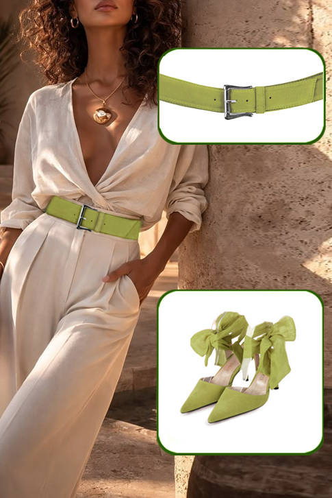 Dress closed-toe heels ankle scarf in pistachio green leather with high slim heels and pointed toe - Top view